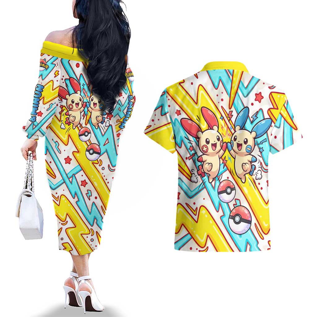 Plusle & Minun Couples Matching Off The Shoulder Long Sleeve Dress and Hawaiian Shirt Colorful Kawaii Lightning Pop Art