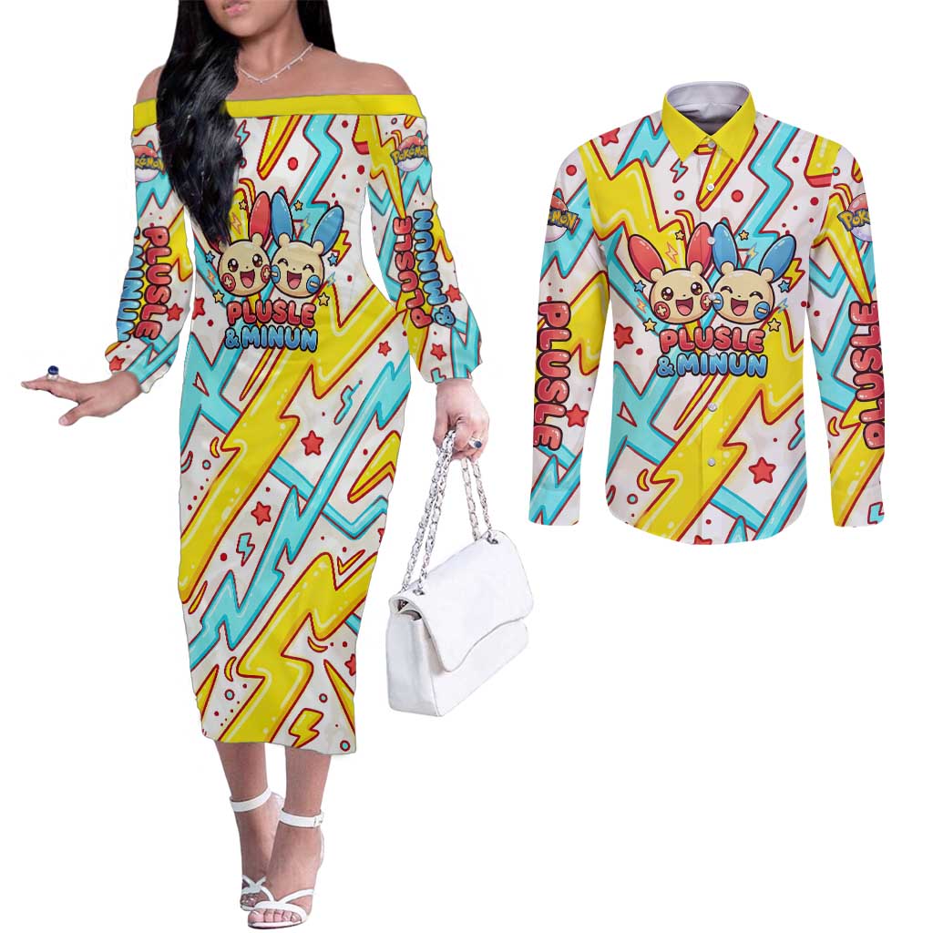 Plusle & Minun Couples Matching Off The Shoulder Long Sleeve Dress and Long Sleeve Button Shirt Colorful Kawaii Lightning Pop Art