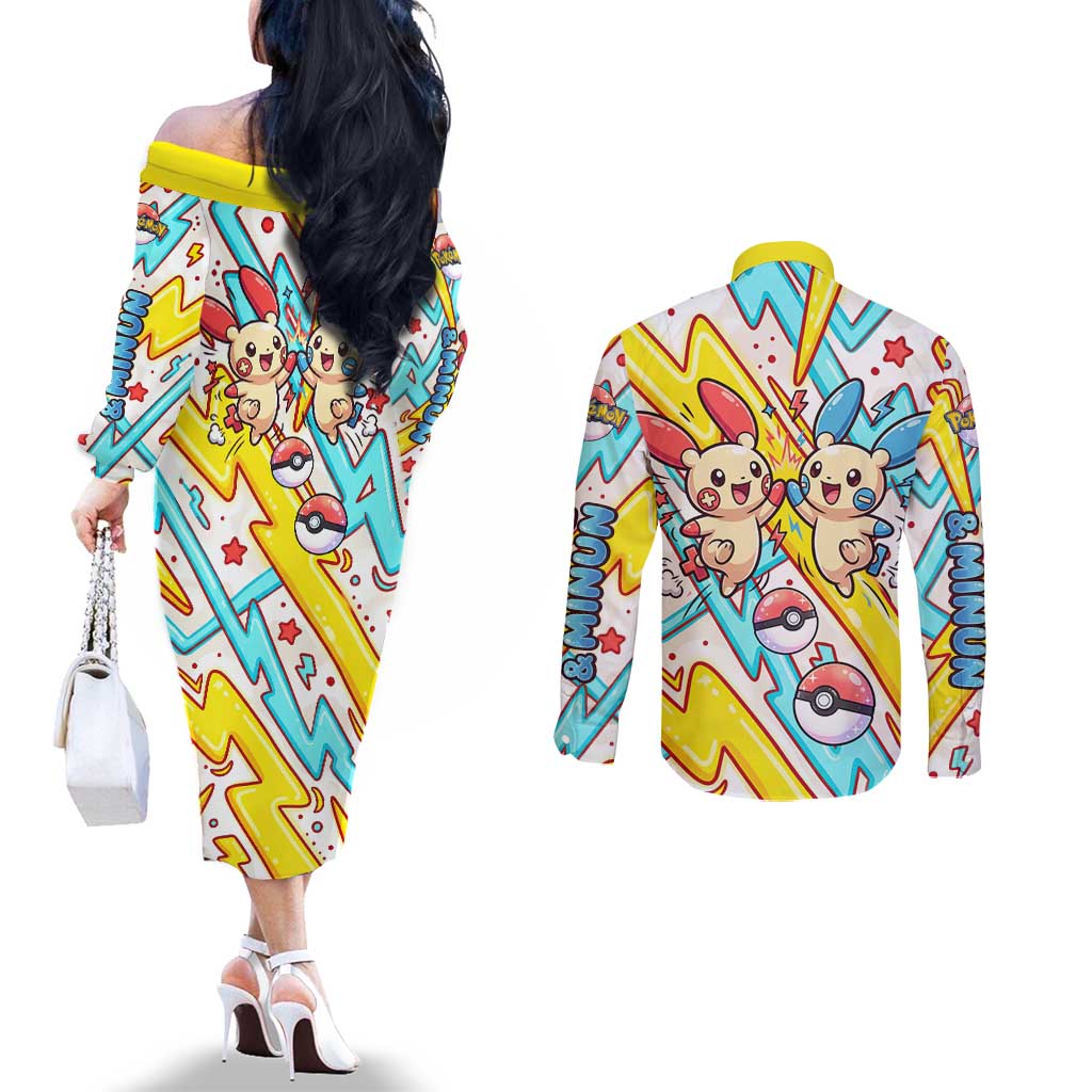 Plusle & Minun Couples Matching Off The Shoulder Long Sleeve Dress and Long Sleeve Button Shirt Colorful Kawaii Lightning Pop Art