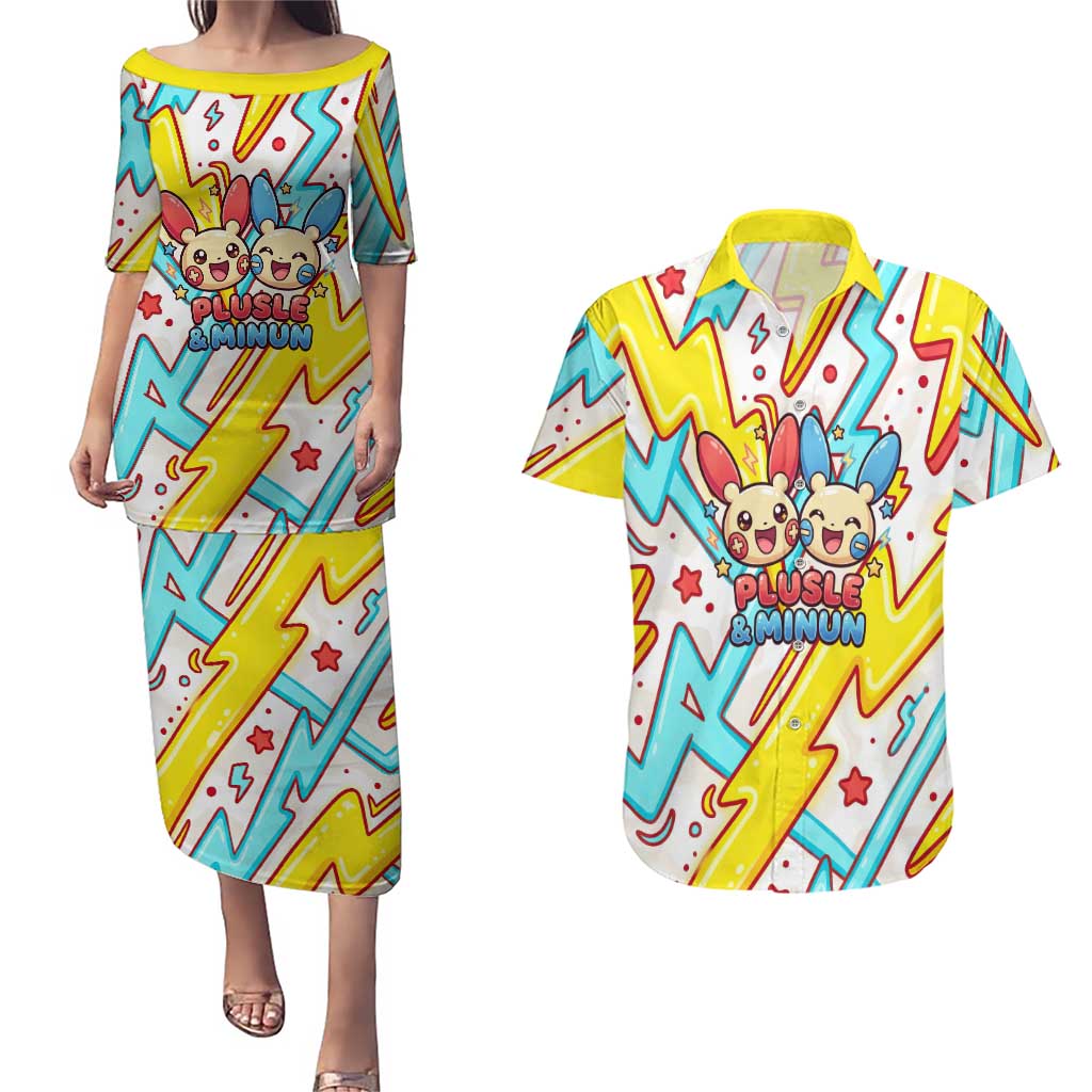Plusle & Minun Couples Matching Puletasi and Hawaiian Shirt Colorful Kawaii Lightning Pop Art