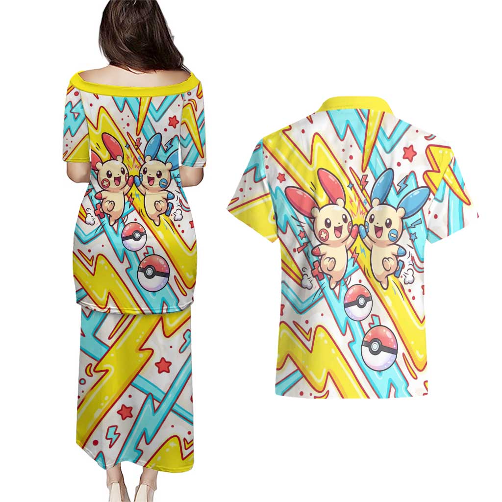 Plusle & Minun Couples Matching Puletasi and Hawaiian Shirt Colorful Kawaii Lightning Pop Art