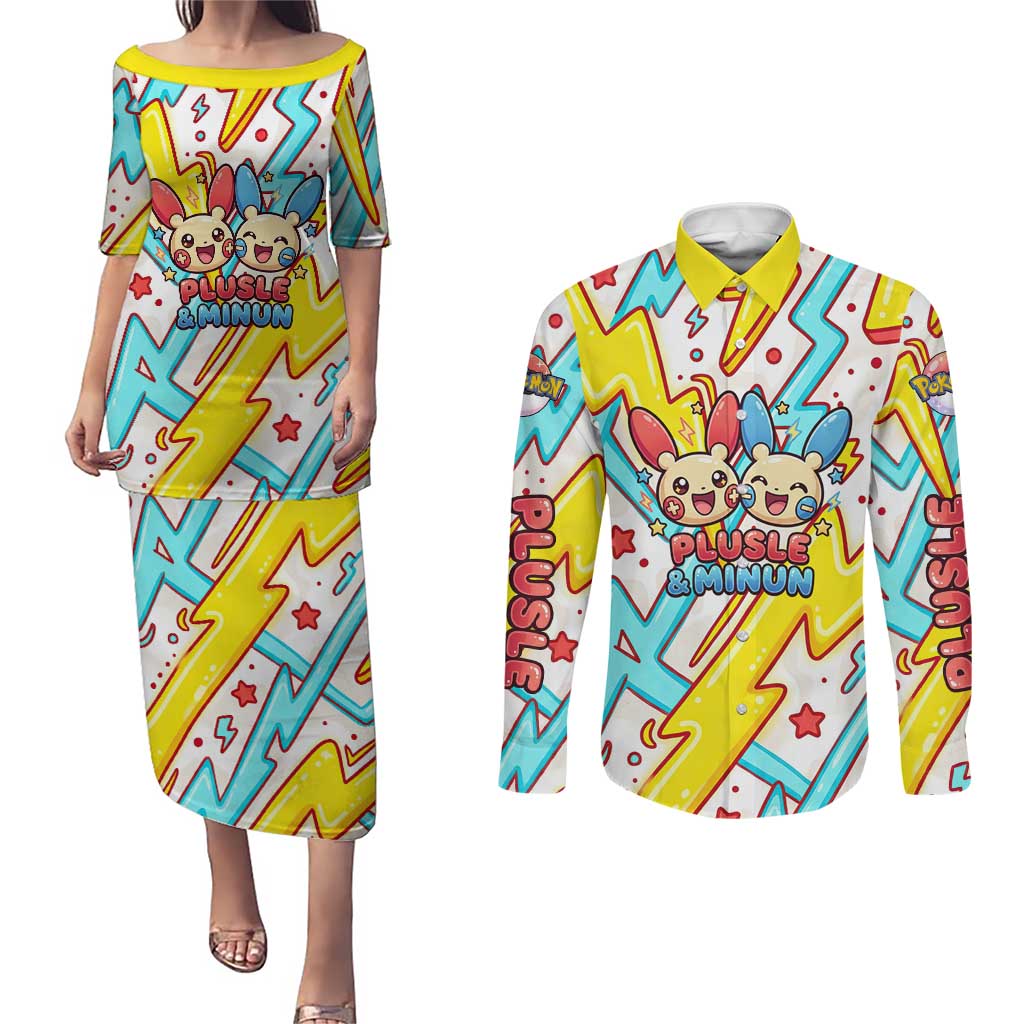 Plusle & Minun Couples Matching Puletasi and Long Sleeve Button Shirt Colorful Kawaii Lightning Pop Art