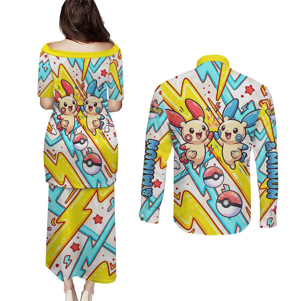 Plusle & Minun Couples Matching Puletasi and Long Sleeve Button Shirt Colorful Kawaii Lightning Pop Art