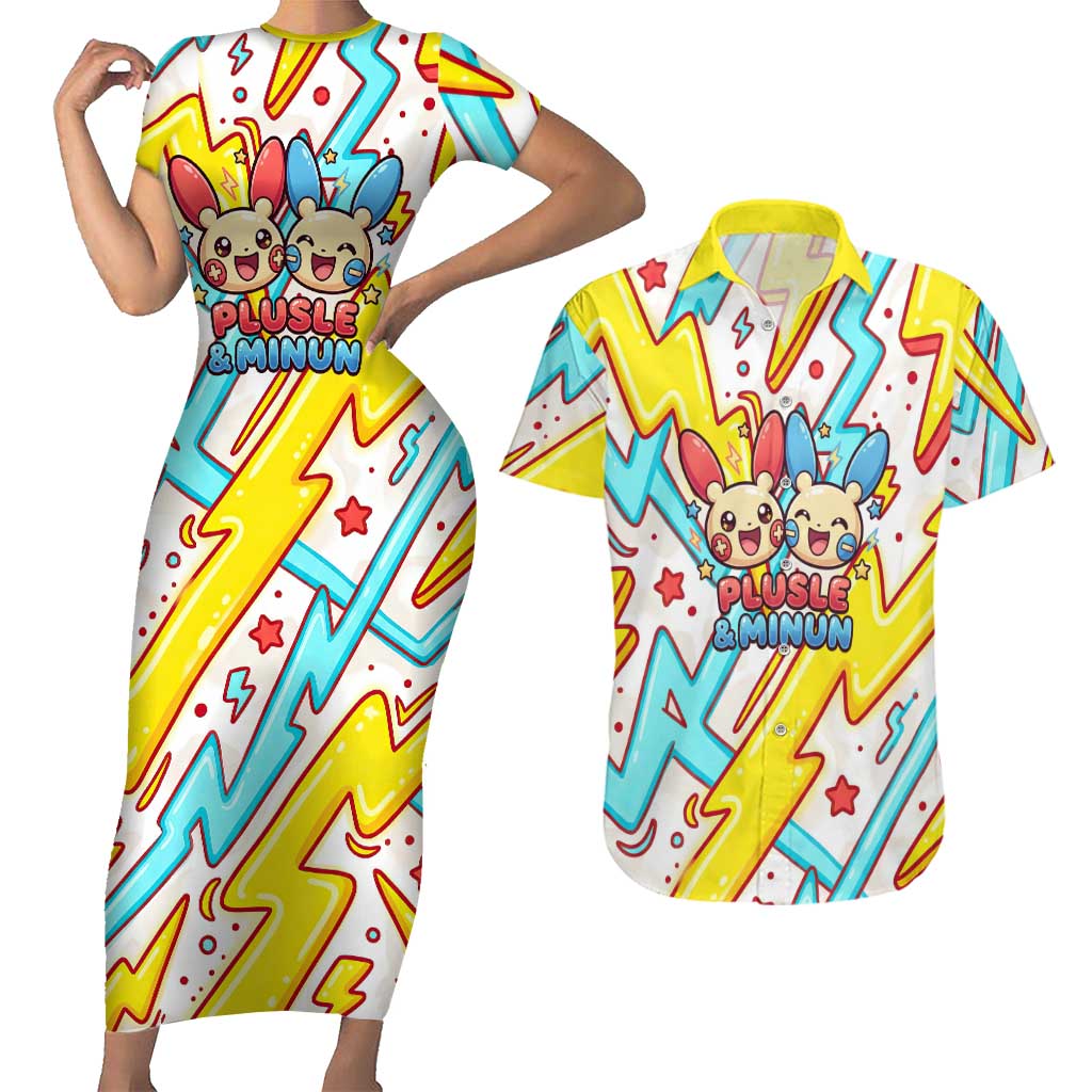 Plusle & Minun Couples Matching Short Sleeve Bodycon Dress and Hawaiian Shirt Colorful Kawaii Lightning Pop Art