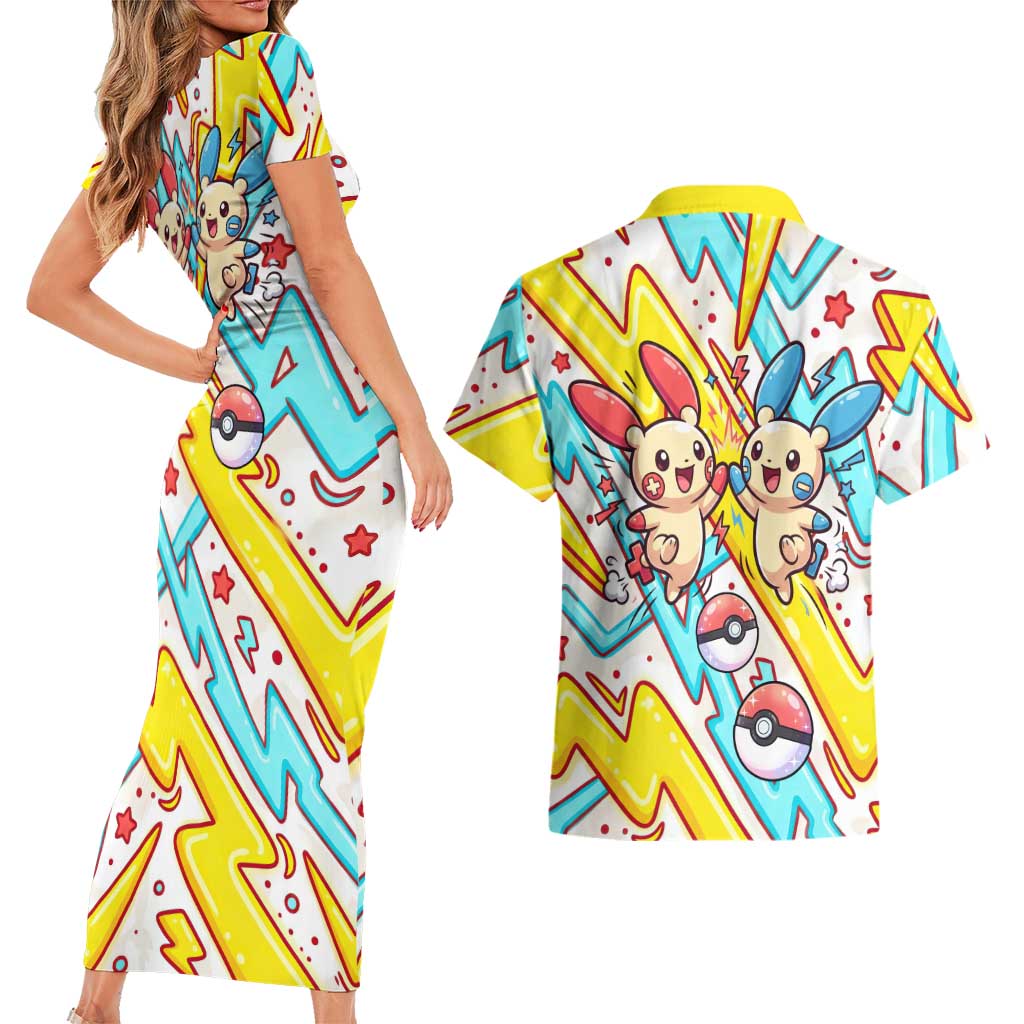 Plusle & Minun Couples Matching Short Sleeve Bodycon Dress and Hawaiian Shirt Colorful Kawaii Lightning Pop Art