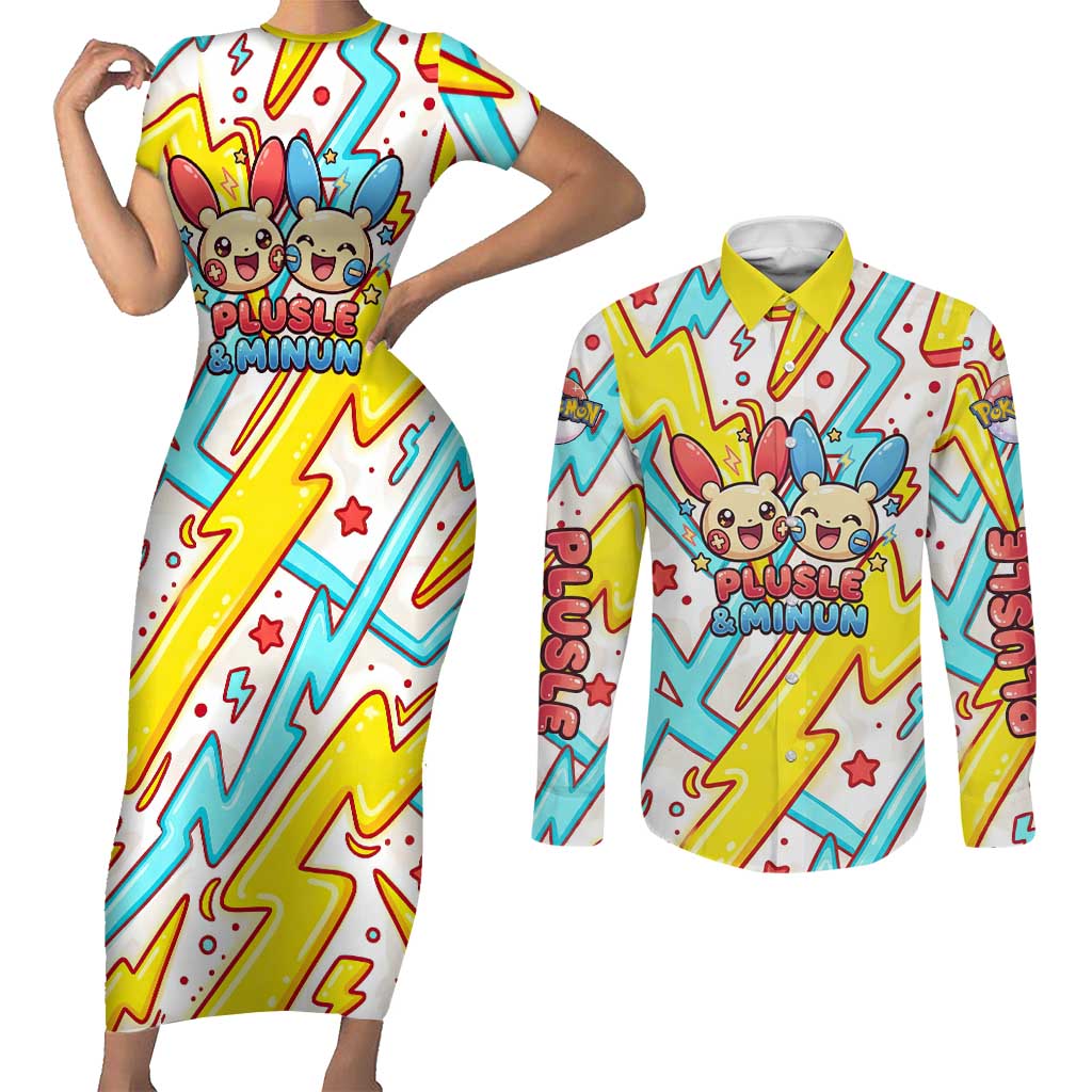 Plusle & Minun Couples Matching Short Sleeve Bodycon Dress and Long Sleeve Button Shirt Colorful Kawaii Lightning Pop Art