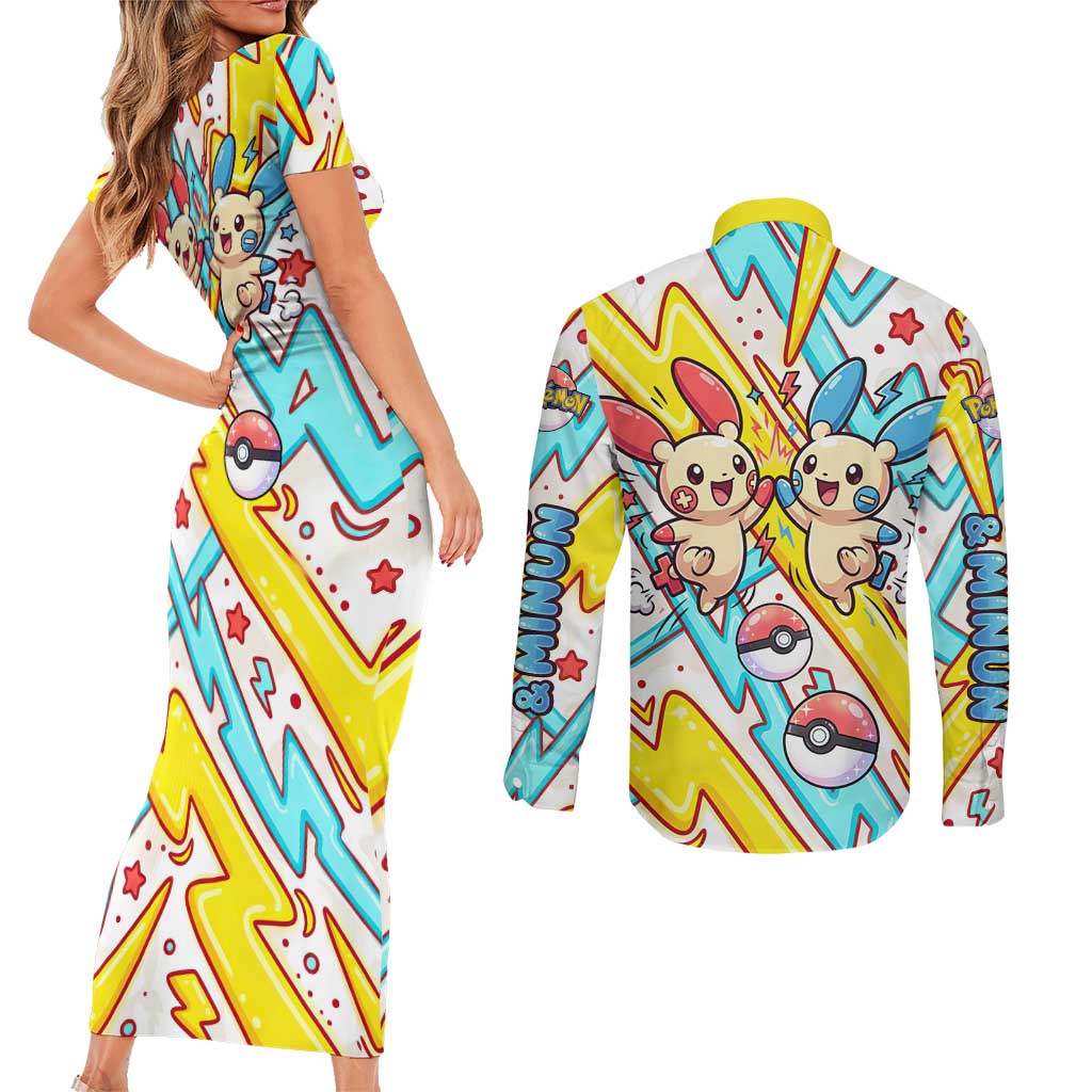 Plusle & Minun Couples Matching Short Sleeve Bodycon Dress and Long Sleeve Button Shirt Colorful Kawaii Lightning Pop Art