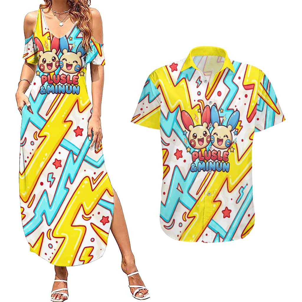 Plusle & Minun Couples Matching Summer Maxi Dress and Hawaiian Shirt Colorful Kawaii Lightning Pop Art