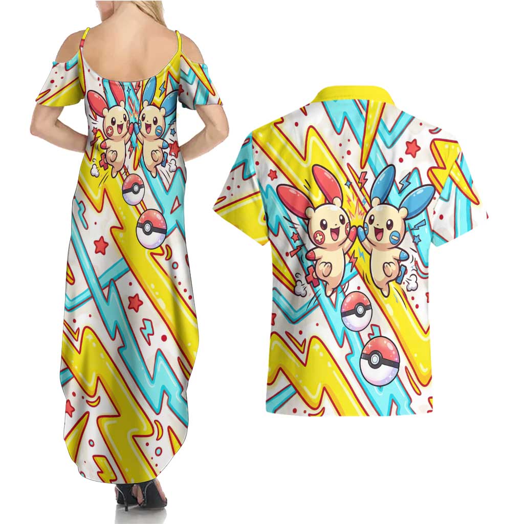 Plusle & Minun Couples Matching Summer Maxi Dress and Hawaiian Shirt Colorful Kawaii Lightning Pop Art