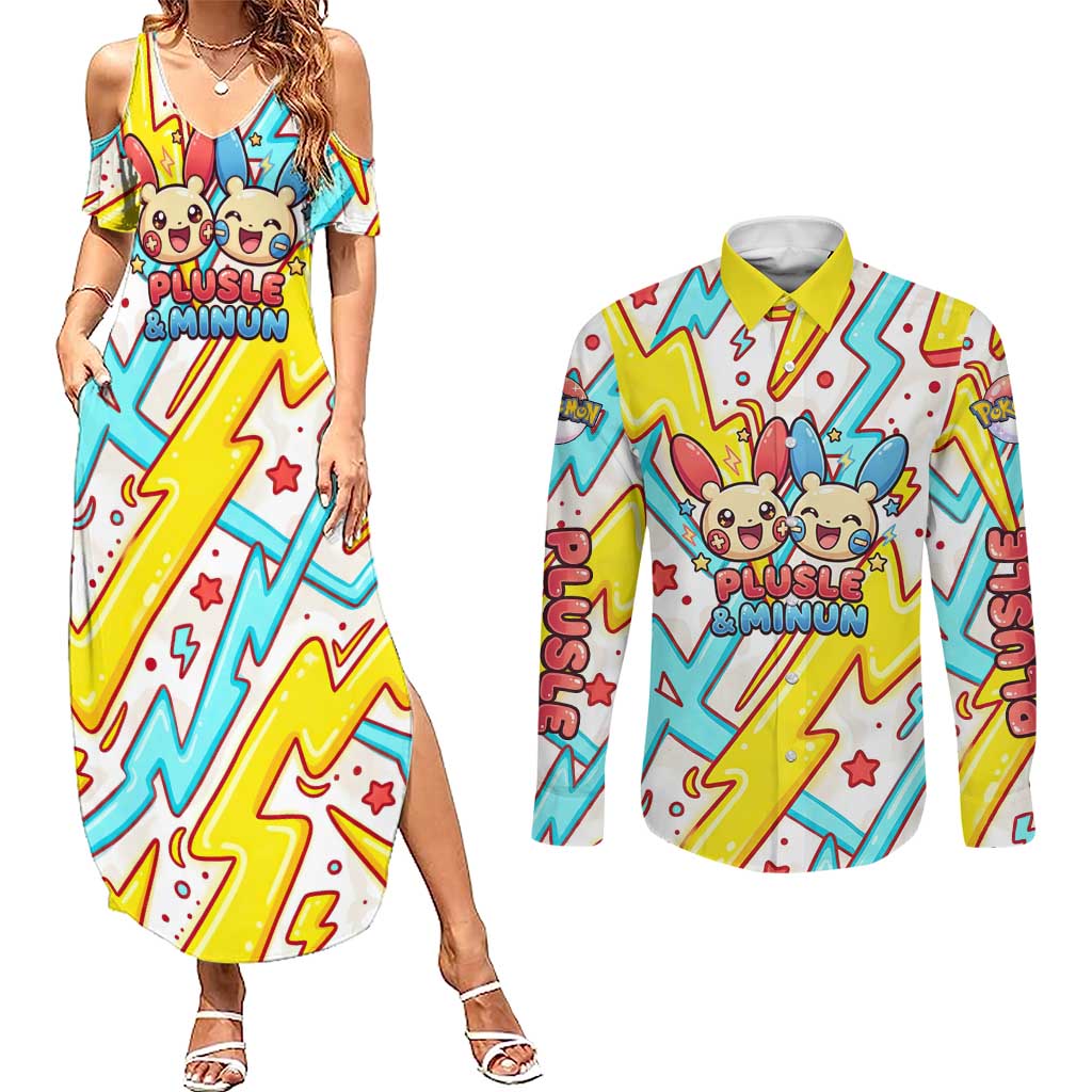 Plusle & Minun Couples Matching Summer Maxi Dress and Long Sleeve Button Shirt Colorful Kawaii Lightning Pop Art