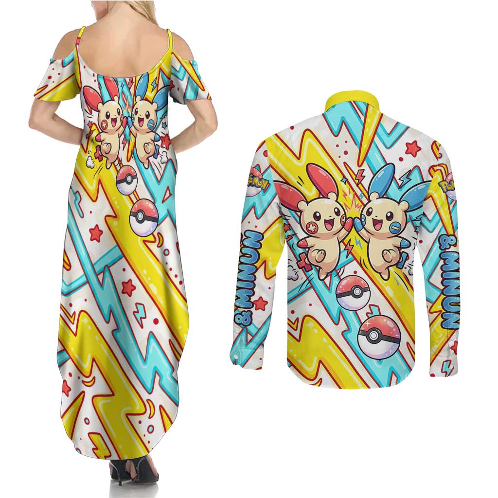 Plusle & Minun Couples Matching Summer Maxi Dress and Long Sleeve Button Shirt Colorful Kawaii Lightning Pop Art