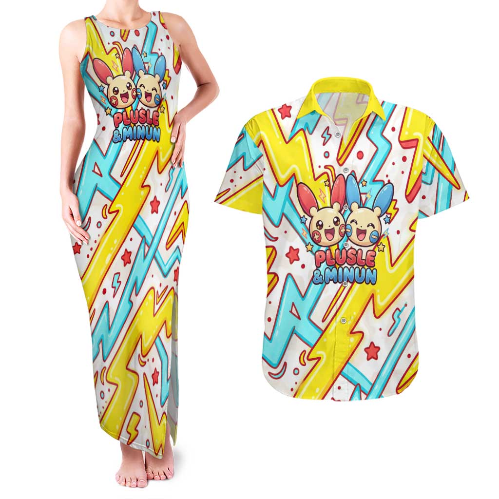 Plusle & Minun Couples Matching Tank Maxi Dress and Hawaiian Shirt Colorful Kawaii Lightning Pop Art
