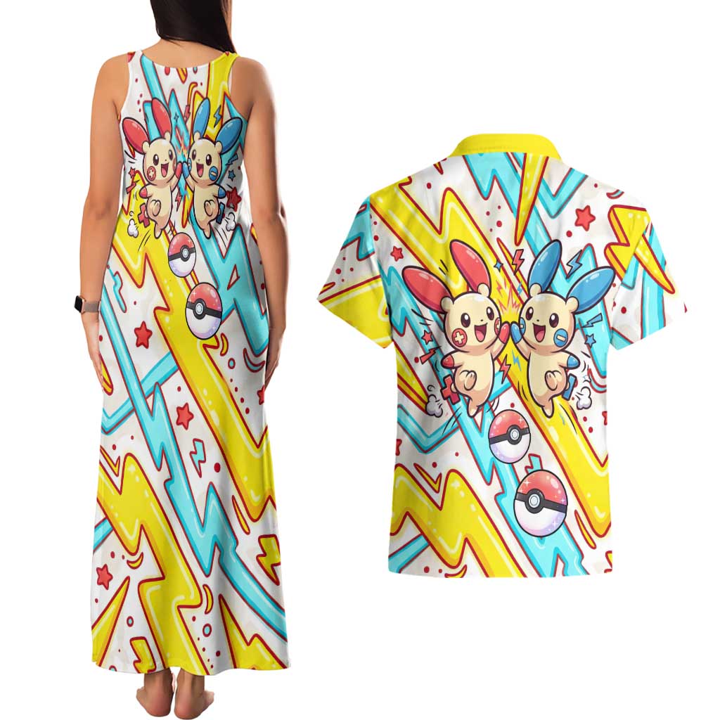 Plusle & Minun Couples Matching Tank Maxi Dress and Hawaiian Shirt Colorful Kawaii Lightning Pop Art