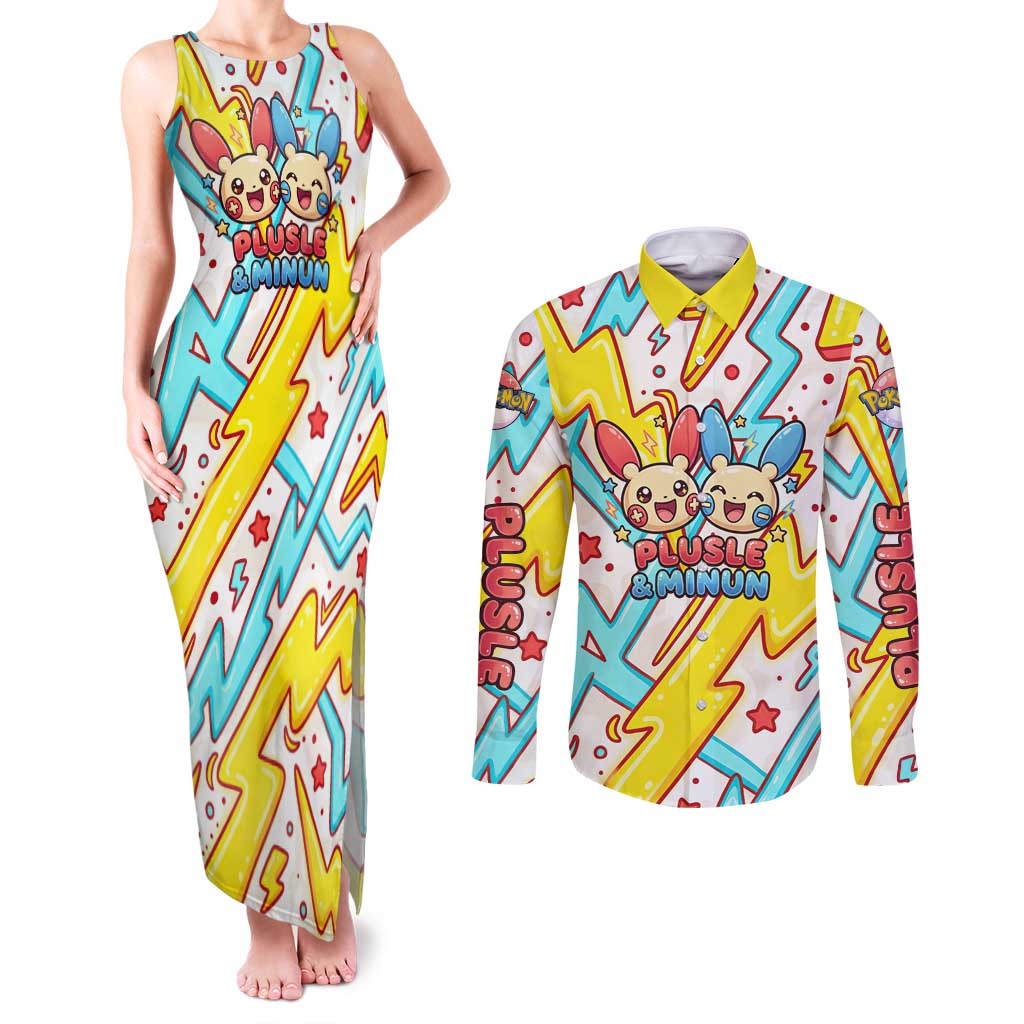 Plusle & Minun Couples Matching Tank Maxi Dress and Long Sleeve Button Shirt Colorful Kawaii Lightning Pop Art