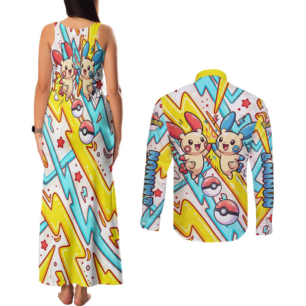 Plusle & Minun Couples Matching Tank Maxi Dress and Long Sleeve Button Shirt Colorful Kawaii Lightning Pop Art