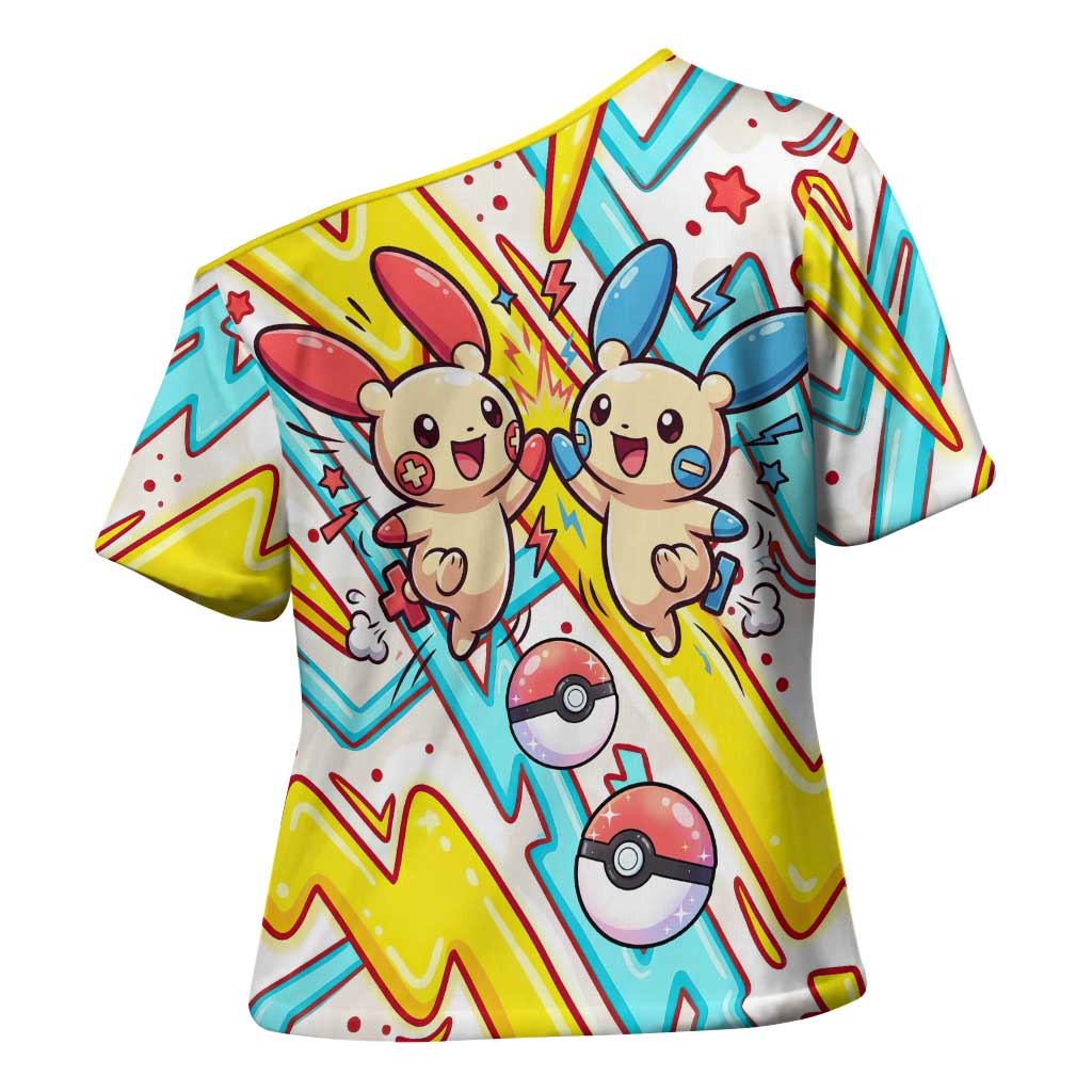 Plusle & Minun Cross Shoulder Shirt Colorful Kawaii Lightning Pop Art