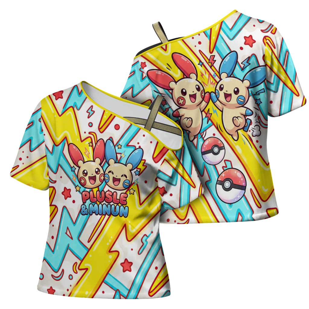 Plusle & Minun Cross Shoulder Shirt Colorful Kawaii Lightning Pop Art