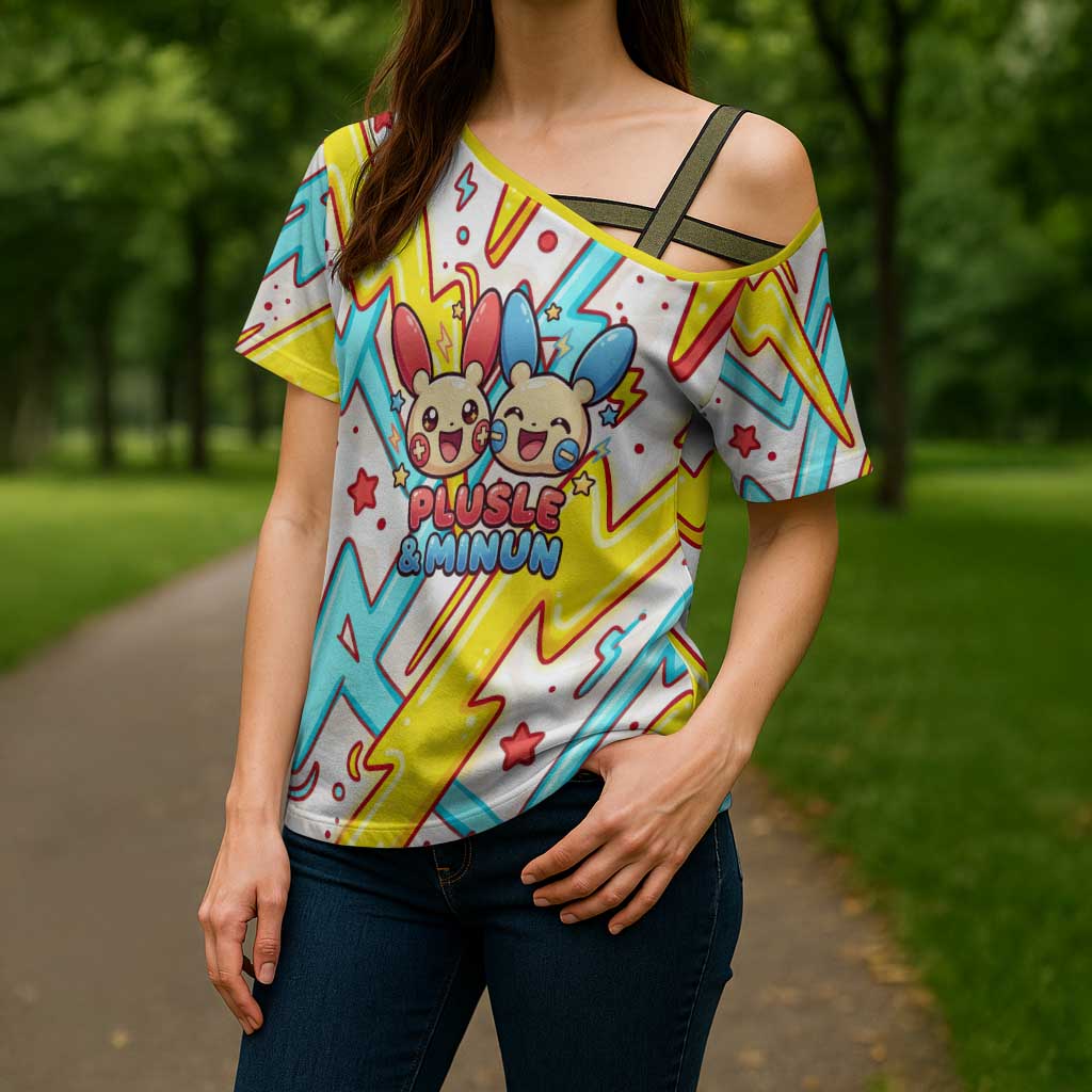 Plusle & Minun Cross Shoulder Shirt Colorful Kawaii Lightning Pop Art