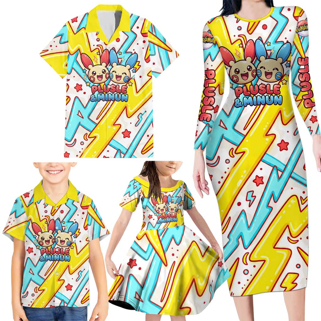 Plusle & Minun Family Matching Long Sleeve Bodycon Dress and Hawaiian Shirt Colorful Kawaii Lightning Pop Art
