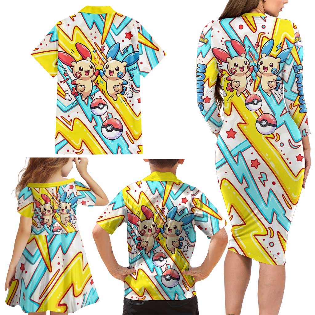 Plusle & Minun Family Matching Long Sleeve Bodycon Dress and Hawaiian Shirt Colorful Kawaii Lightning Pop Art
