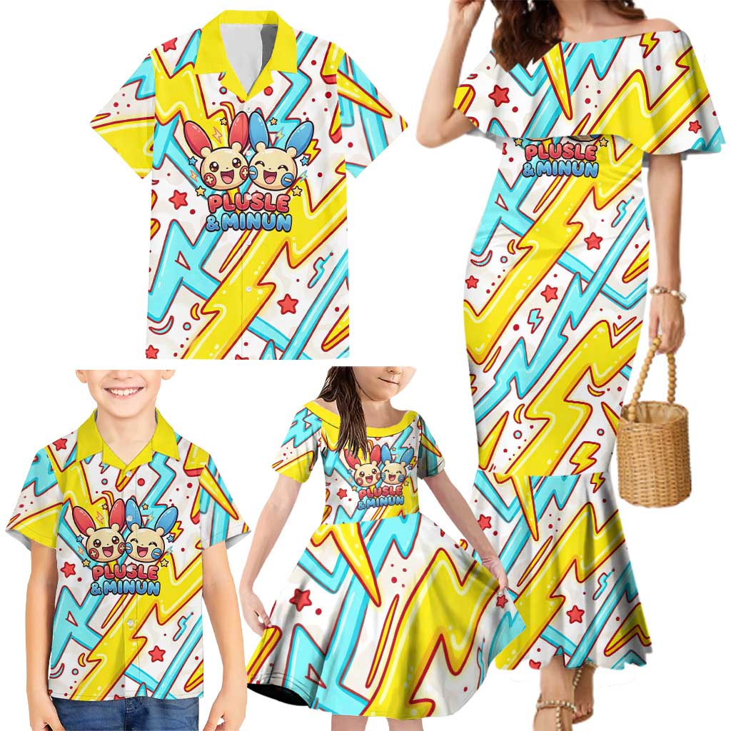 Plusle & Minun Family Matching Mermaid Dress and Hawaiian Shirt Colorful Kawaii Lightning Pop Art