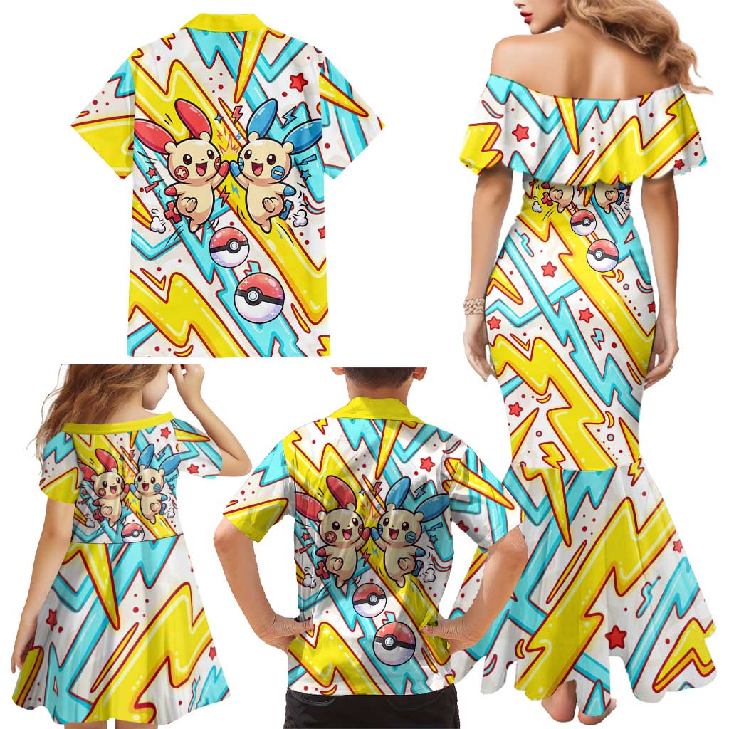 Plusle & Minun Family Matching Mermaid Dress and Hawaiian Shirt Colorful Kawaii Lightning Pop Art