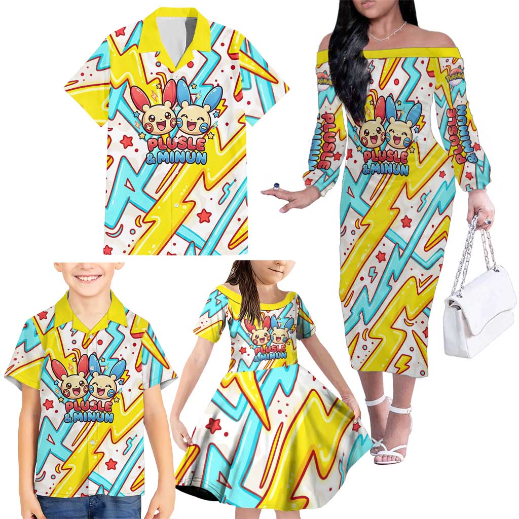 Plusle & Minun Family Matching Off The Shoulder Long Sleeve Dress and Hawaiian Shirt Colorful Kawaii Lightning Pop Art