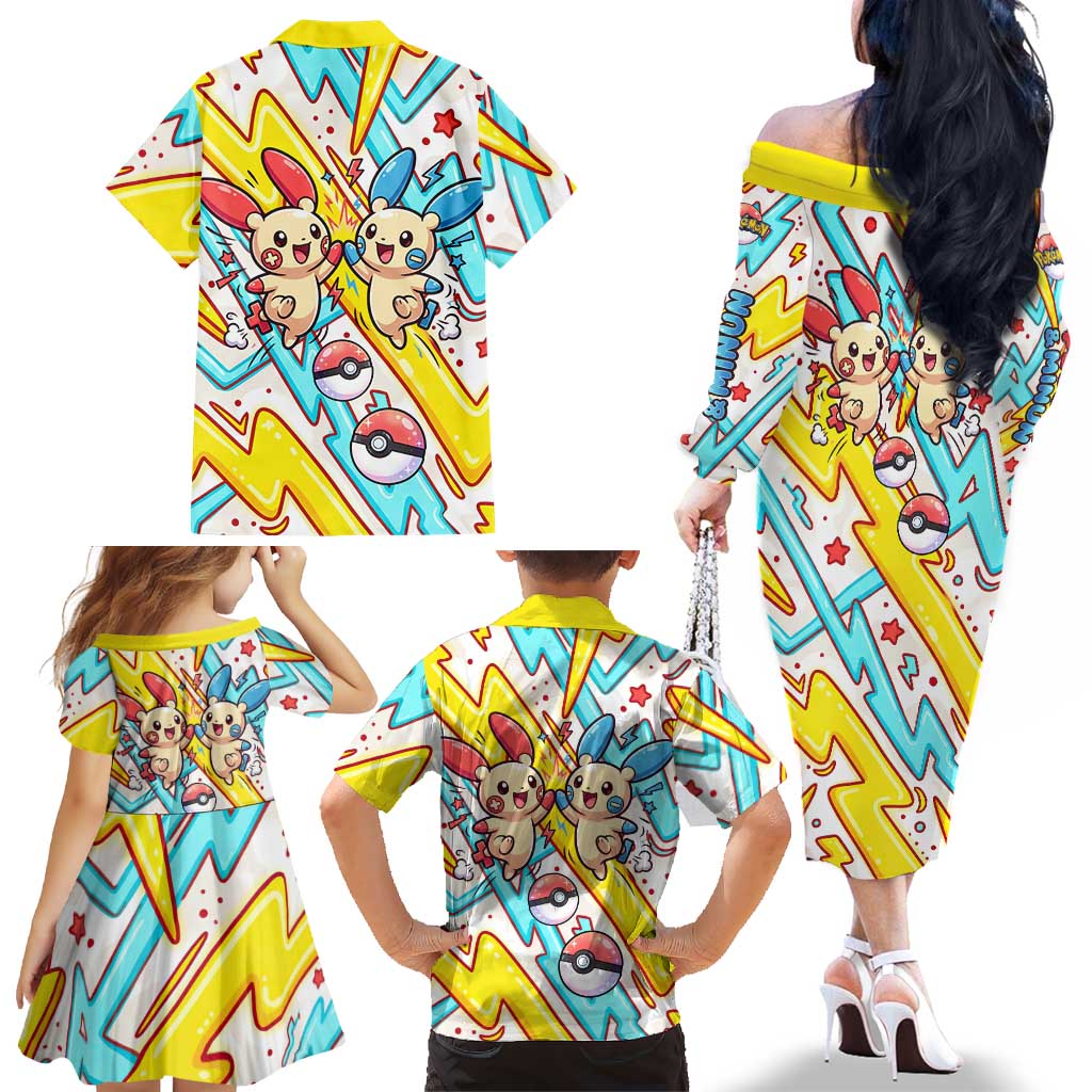 Plusle & Minun Family Matching Off The Shoulder Long Sleeve Dress and Hawaiian Shirt Colorful Kawaii Lightning Pop Art