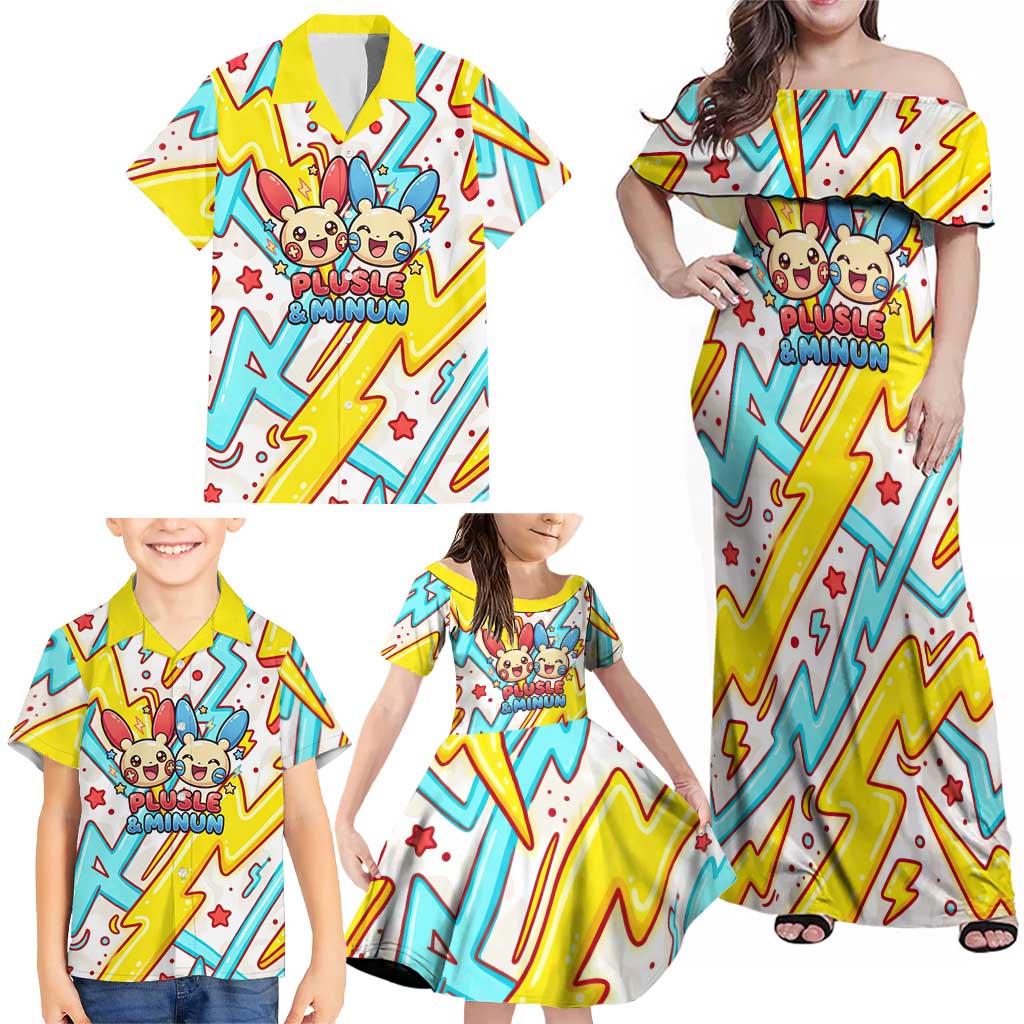 Plusle & Minun Family Matching Off Shoulder Maxi Dress and Hawaiian Shirt Colorful Kawaii Lightning Pop Art
