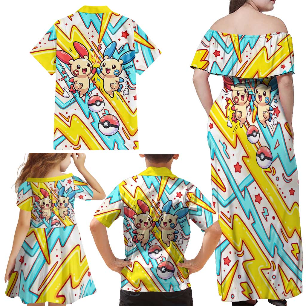 Plusle & Minun Family Matching Off Shoulder Maxi Dress and Hawaiian Shirt Colorful Kawaii Lightning Pop Art
