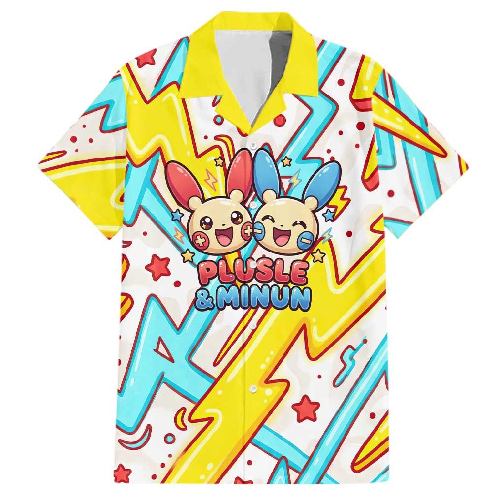 Plusle & Minun Family Matching Off Shoulder Maxi Dress and Hawaiian Shirt Colorful Kawaii Lightning Pop Art