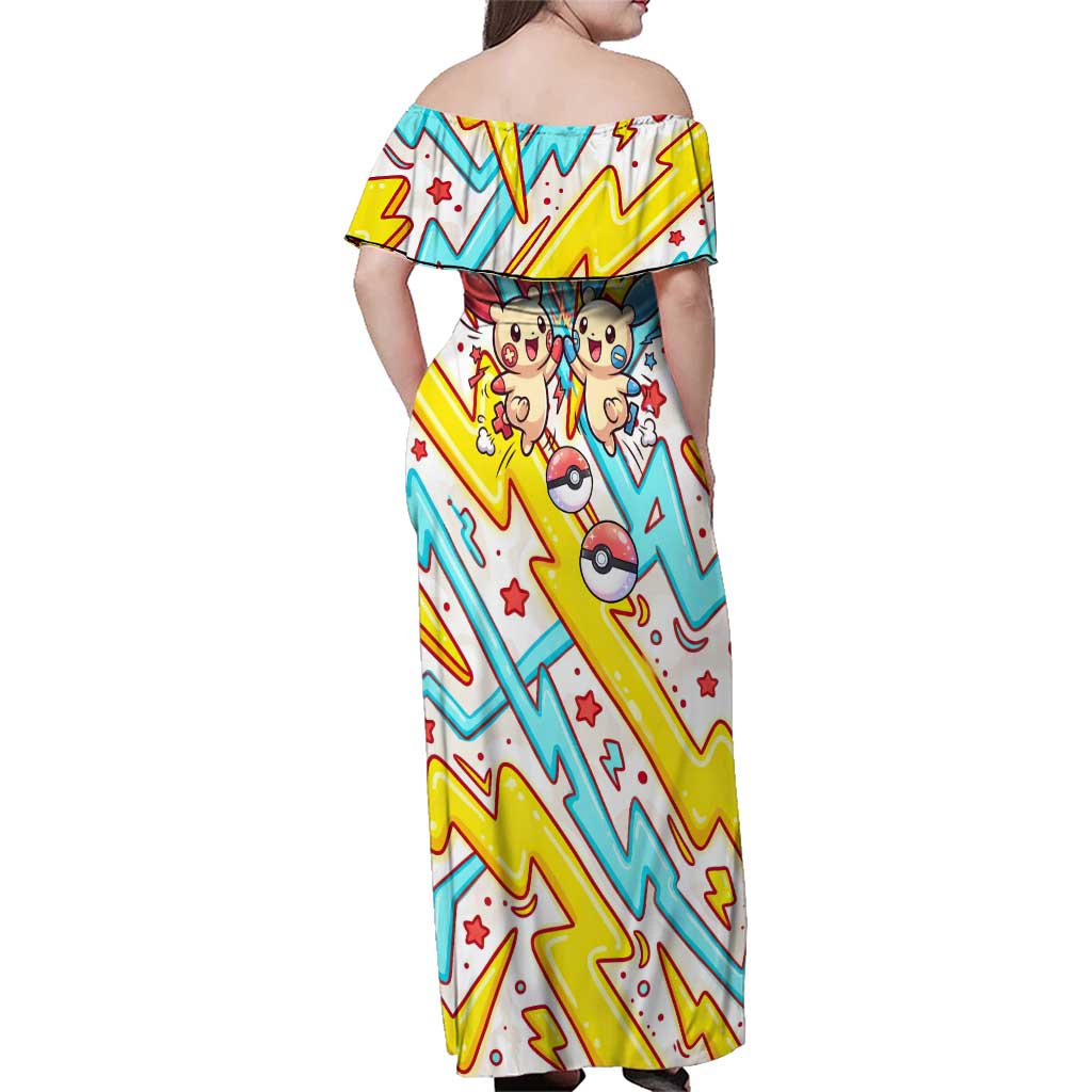 Plusle & Minun Family Matching Off Shoulder Maxi Dress and Hawaiian Shirt Colorful Kawaii Lightning Pop Art