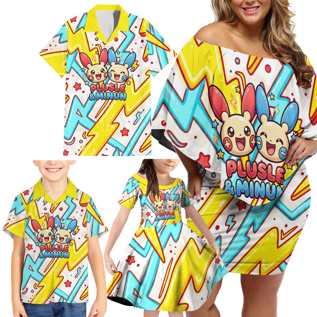 Plusle & Minun Family Matching Off Shoulder Short Dress and Hawaiian Shirt Colorful Kawaii Lightning Pop Art
