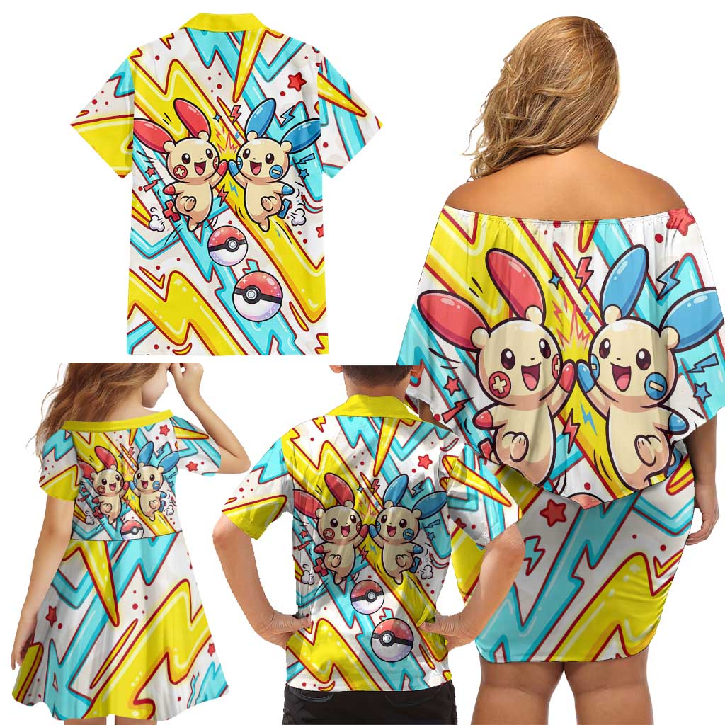 Plusle & Minun Family Matching Off Shoulder Short Dress and Hawaiian Shirt Colorful Kawaii Lightning Pop Art