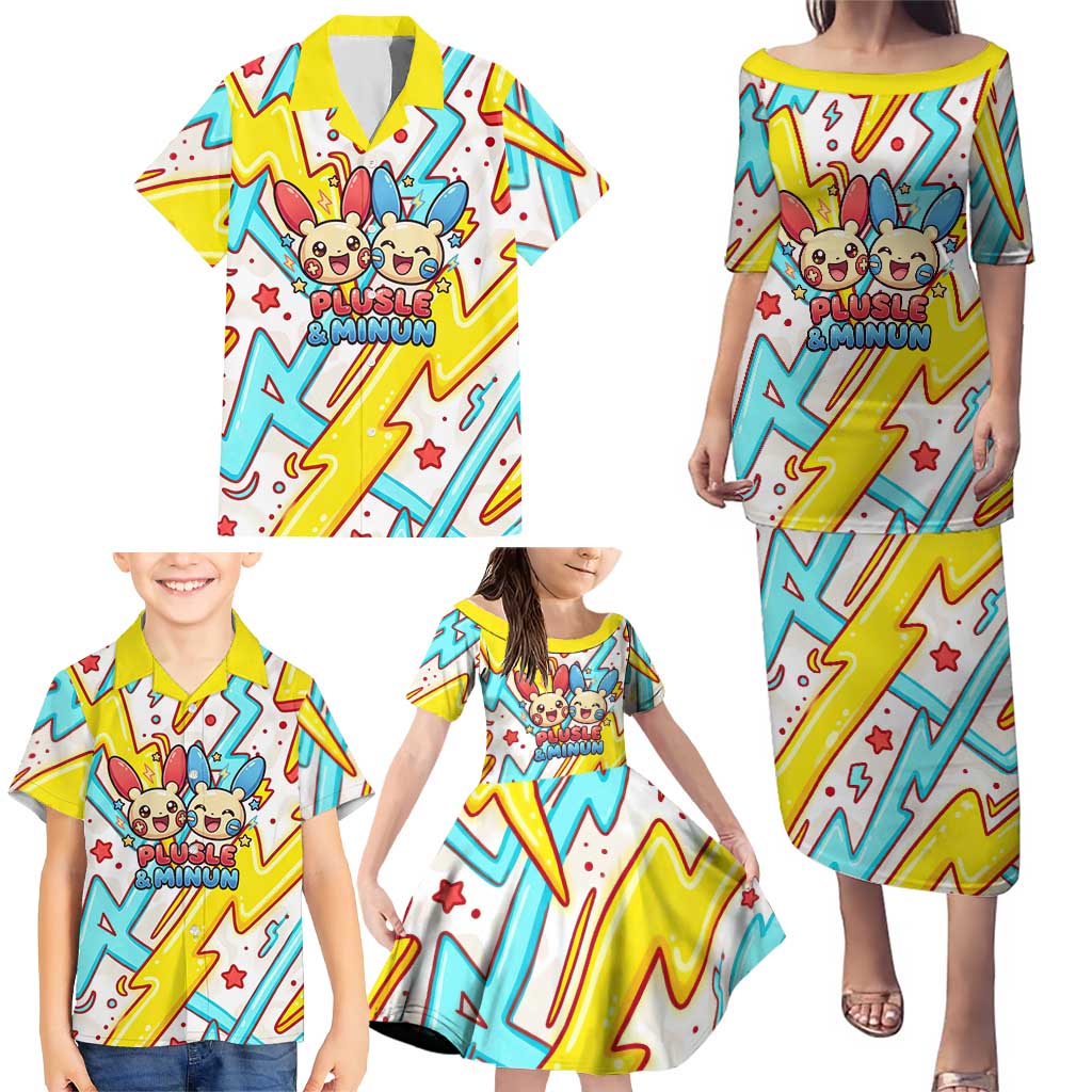 Plusle & Minun Family Matching Puletasi and Hawaiian Shirt Colorful Kawaii Lightning Pop Art