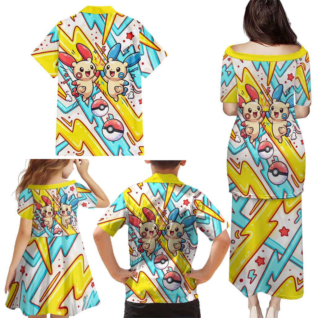 Plusle & Minun Family Matching Puletasi and Hawaiian Shirt Colorful Kawaii Lightning Pop Art