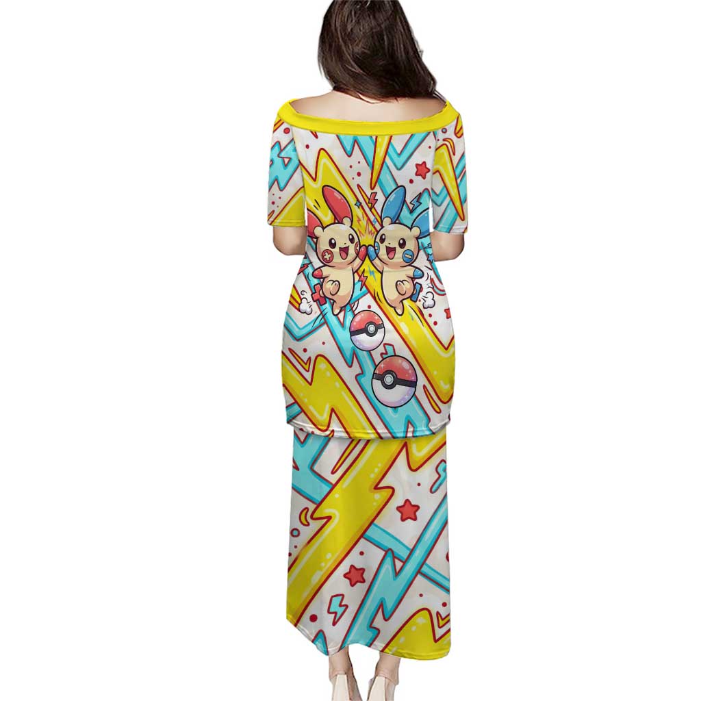Plusle & Minun Family Matching Puletasi and Hawaiian Shirt Colorful Kawaii Lightning Pop Art