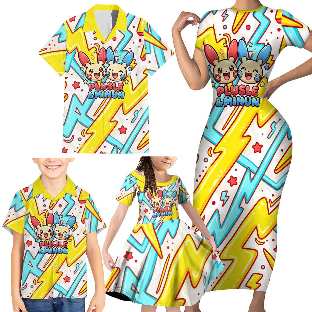 Plusle & Minun Family Matching Short Sleeve Bodycon Dress and Hawaiian Shirt Colorful Kawaii Lightning Pop Art