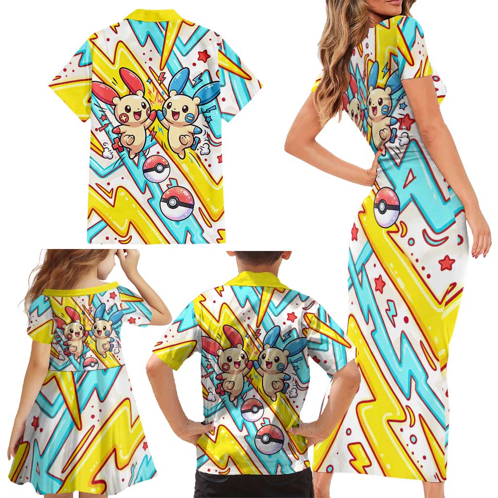 Plusle & Minun Family Matching Short Sleeve Bodycon Dress and Hawaiian Shirt Colorful Kawaii Lightning Pop Art