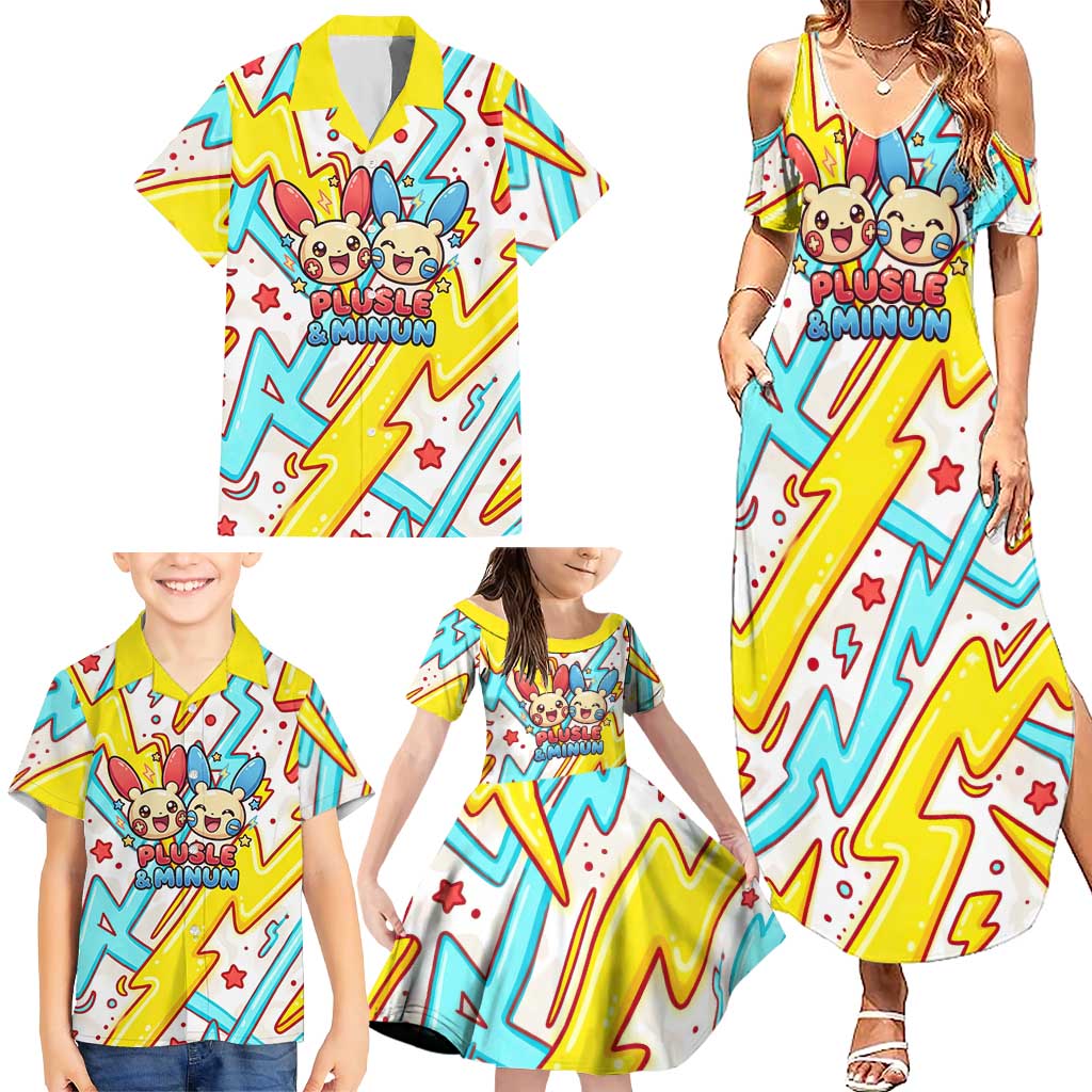 Plusle & Minun Family Matching Summer Maxi Dress and Hawaiian Shirt Colorful Kawaii Lightning Pop Art