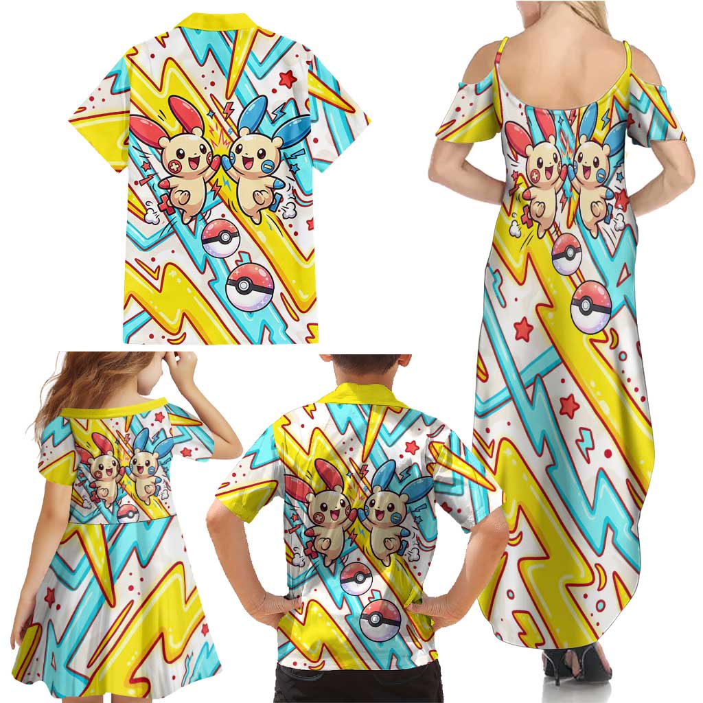 Plusle & Minun Family Matching Summer Maxi Dress and Hawaiian Shirt Colorful Kawaii Lightning Pop Art
