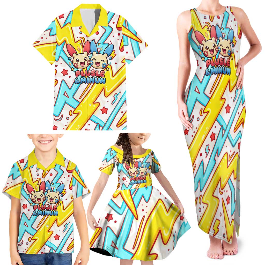 Plusle & Minun Family Matching Tank Maxi Dress and Hawaiian Shirt Colorful Kawaii Lightning Pop Art