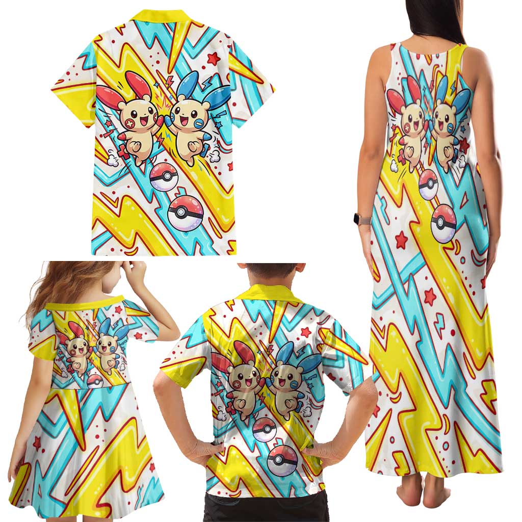Plusle & Minun Family Matching Tank Maxi Dress and Hawaiian Shirt Colorful Kawaii Lightning Pop Art