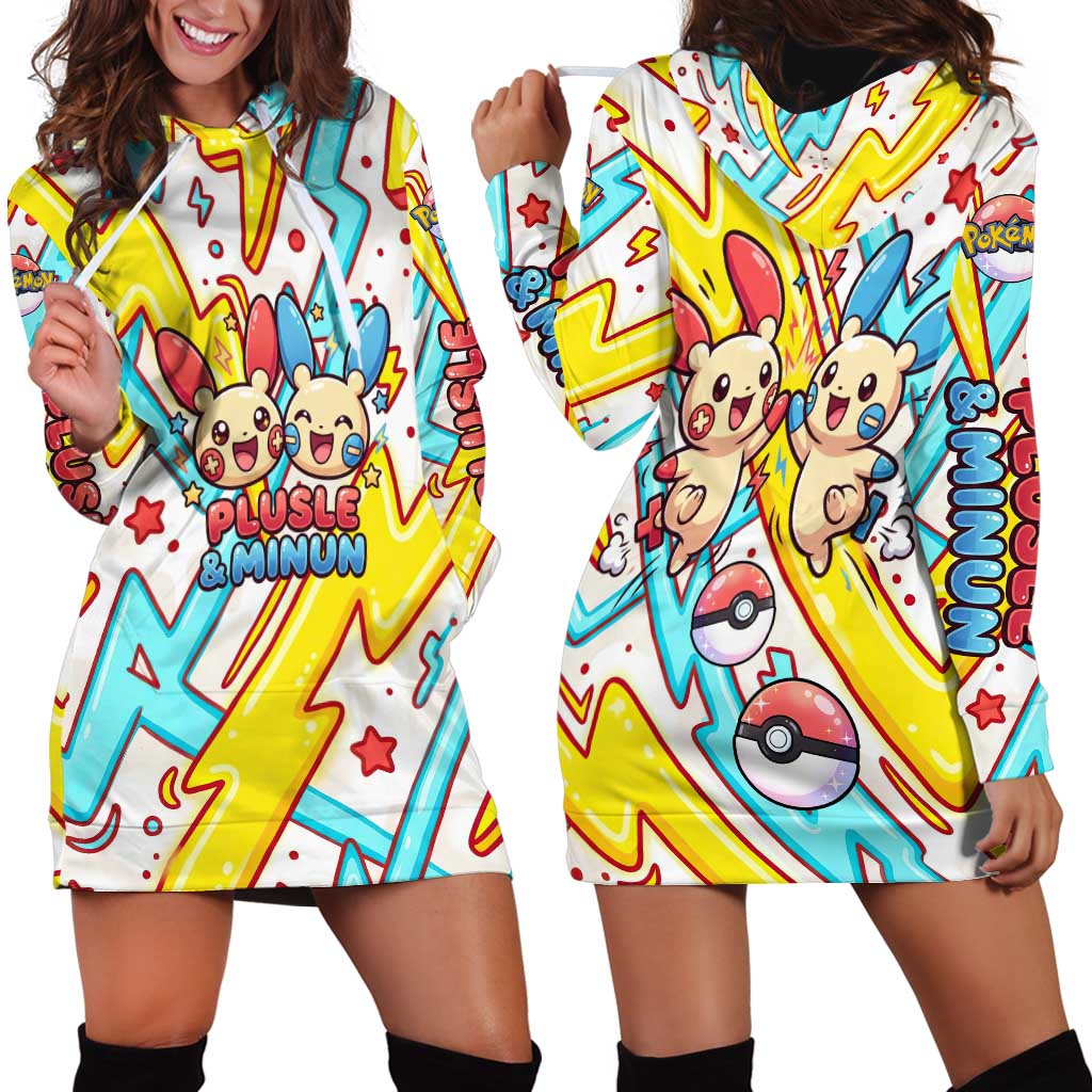 Plusle & Minun Hoodie Dress Colorful Kawaii Lightning Pop Art