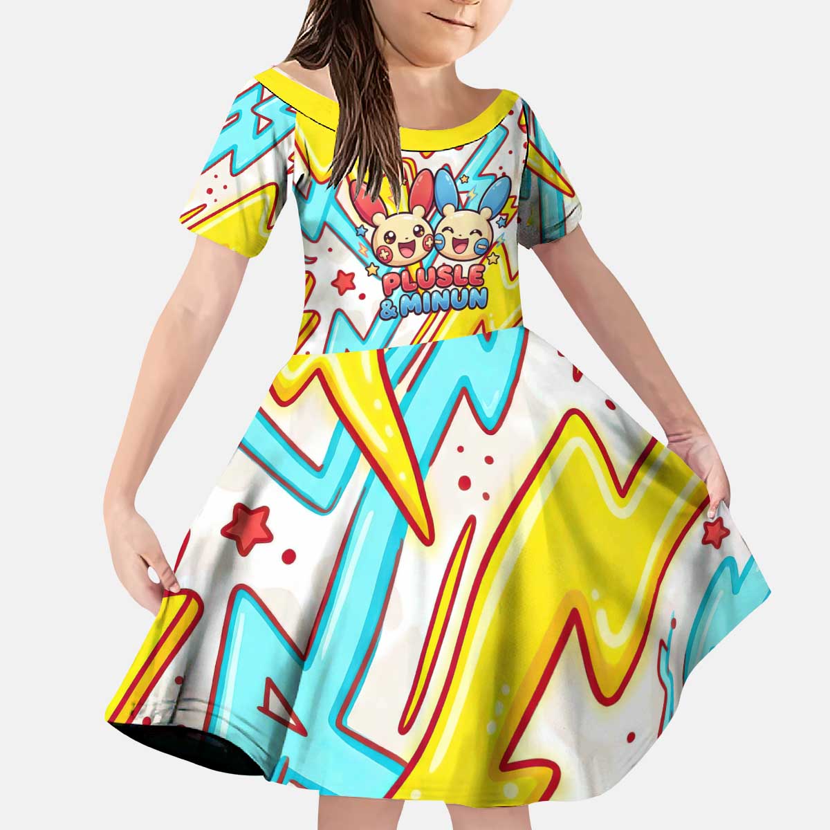 Plusle & Minun Kid Short Sleeve Dress Colorful Kawaii Lightning Pop Art