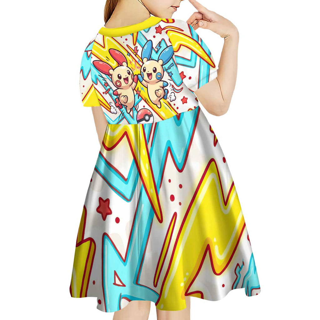 Plusle & Minun Kid Short Sleeve Dress Colorful Kawaii Lightning Pop Art