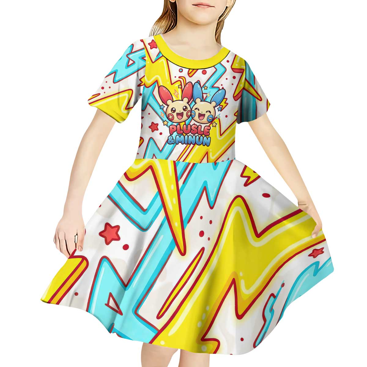 Plusle & Minun Kid Short Sleeve Dress Colorful Kawaii Lightning Pop Art