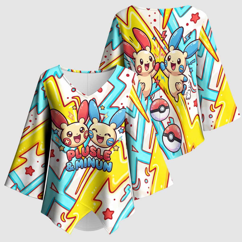 Plusle & Minun Kimono Sleeve Blouse Colorful Kawaii Lightning Pop Art