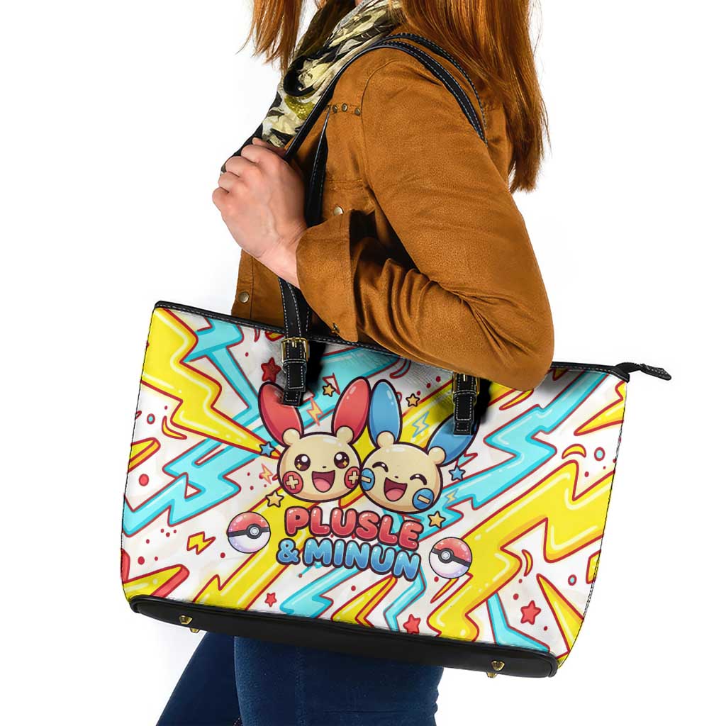 Plusle & Minun Leather Tote Bag Colorful Kawaii Lightning Pop Art
