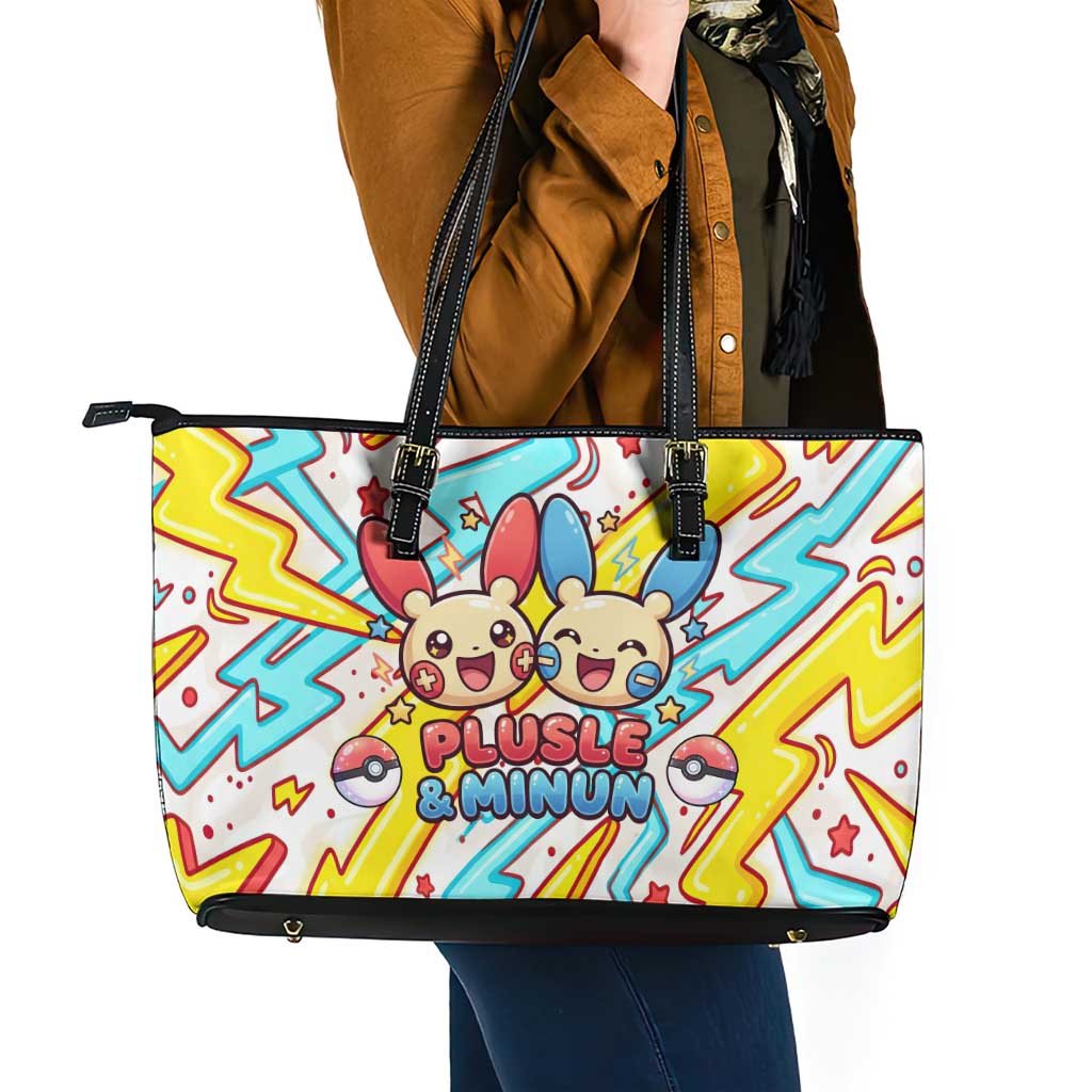Plusle & Minun Leather Tote Bag Colorful Kawaii Lightning Pop Art